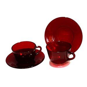2 Royal Ruby Cups Saucers Vitage Anchor Hocking Vintage Discontinued Red Glass